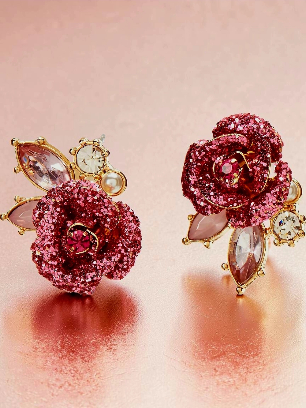 NEW Betsey Johnson Pink Glitter Rose Button Earrings Gold Tone Crystal NWT